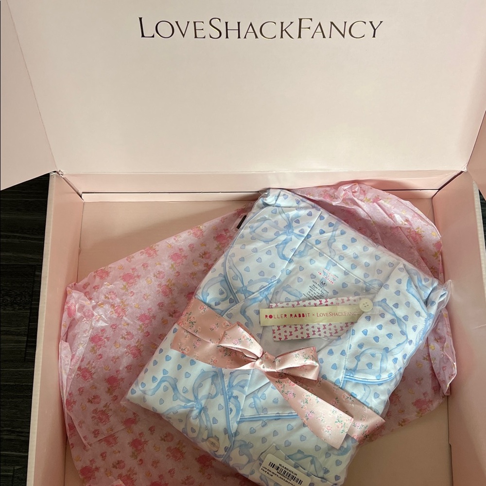 LoveShackFancy x Roller Rabbit Blue Luna Bow Hearts Polo Long Sleeve Pajamas - Picture 11 of 11
